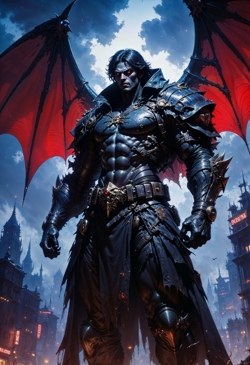 a highly detailed digital artwork depicting a muscular, humanoid figure with dark, almost black skin and large, bat-like wings. The character stands in the center of an urban, dystopian cityscape at night. The sky is filled with dark clouds, and the city buildings in the background are lit by various neon lights, casting a blue and red glow.
The figure's physique is highly muscular, with pronounced abs and biceps, suggesting a powerful and formidable presence. The character has shoulder-length, dark hair that falls across their face and is partially obscured by the large wings. The wings are spread wide, framing the figure and adding to the imposing stature. The character's eyes are glowing red, adding to the eerie and menacing aura.
They are dressed in tattered, dark clothing, with a long, ragged coat that flares out behind them, giving a sense of movement. The coat appears to be made of heavy, rough fabric, and it is torn in various places, revealing glimpses of the character's muscular form. The character's hands are clenched into fists, and they wear a belt with various pouches and tools, suggesting they are ready for combat or exploration.
The overall style of the artwork is dark, gothic, and highly detailed, with a focus on the dramatic and intense atmosphere of the scene.