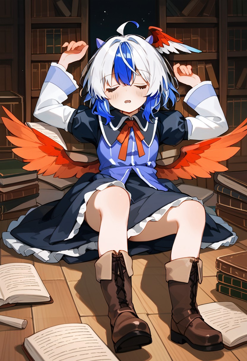 score_9, score_8_up, score_7_up, source_anime, TOKIKO (TOUHOU), TOKIKO REGULAR WEAR, 1girl, solo, blush, short hair, open mouth, bangs, long sleeves, dress, holding, blue hair, full body, closed eyes, ahoge, white hair, multicolored hair, boots, wings, horns, puffy sleeves, wide sleeves, arm up, two-tone hair, book, brown footwear, sleeping, head wings, holding book, bookshelf, bird wings, book stack, red wings, tokiko \(touhou\)