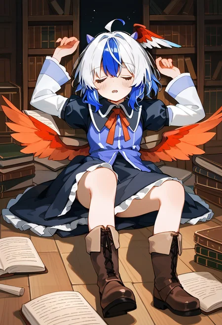 score_9, score_8_up, score_7_up, source_anime, TOKIKO (TOUHOU), TOKIKO REGULAR WEAR, 1girl, solo, blush, short hair, open mouth, bangs, long sleeves, dress, holding, blue hair, full body, closed eyes, ahoge, white hair, multicolored hair, boots, wings, horns, puffy sleeves, wide sleeves, arm up, two-tone hair, book, brown footwear, sleeping, head wings, holding book, bookshelf, bird wings, book stack, red wings, tokiko \(touhou\)