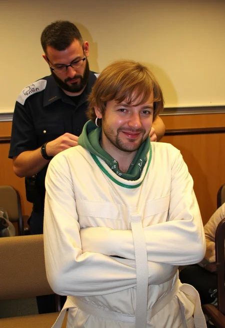 A photograph, likely in a lecture room. In the background, a man with short black hair and a beard, wearing a security guard uniform and glasses, is standing and doing something behind second person. The second person, a middle aged man with light brown wavy hair, untidy beard and earring is wearing a white sjposey, with a green hood behind his neck. He has a slight smile, suggesting a nervous mood. The room features a mix of wooden and upholstered chairs, adding to the casual atmosphere. <lora:straitjacketflux-posey:1.1>