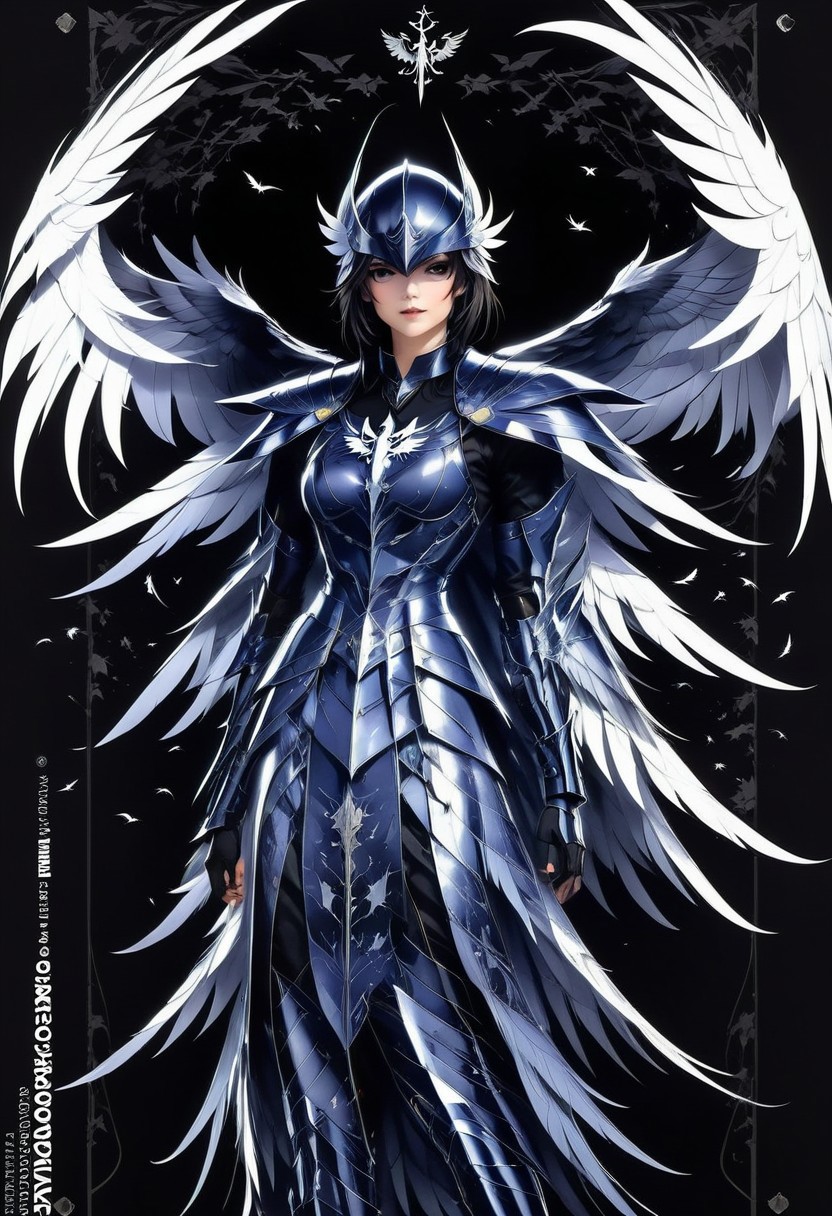 score_9, score_8_up, score_7_up, source_anime, masterpiece, best quality, full body, full body shot, 1girl, solo, humanoid crow armor, aerodynamic design, lightweight materials, crow head helmet, retractable visor, reflective lenses, glossy black breastplate, feather patterns, wing-like shoulder pauldrons, flexible arm sleeves, claw-like gauntlets, segmented fingers, fitted greaves, textured boots, retractable wings, utility pockets, deep black colors, iridescent highlights, metallic accents, agility, mobility, protection, crow in background, crow (symbol), black background, demoniac, dark, chiaroscuro, low-key, dynamic pose,