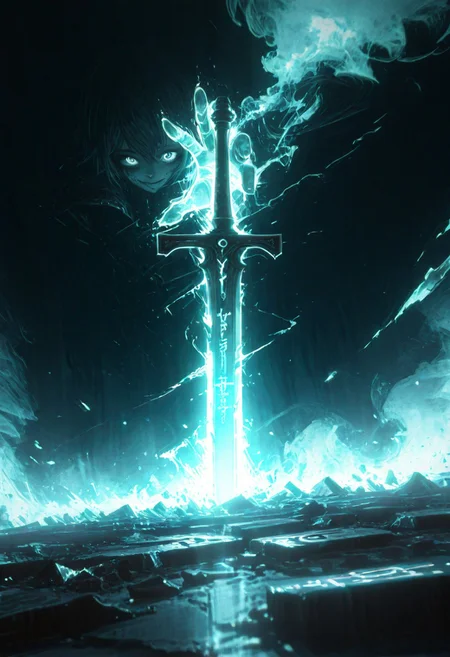 dynamic angle, unusual angle, dynamic, dynamic composition, single sword, runic engraving, runes, sould of the damned, broken sword, broken, damaged
In the dim, flickering light, a sinister shadowy figure emerges, its presence cloaked in an air of mystery. (Looking at the viewer with sinister smile:1.3) Slowly, it reaches out toward the hilt of the shattered runic sword, its movements deliberate yet hesitant. The ancient engravings on the hilt begin to pulse faintly, glowing like a dying ember, their light casting eerie shadows across the figure’s outstretched hand. The closer it gets, the air grows colder, heavy with an otherworldly presence. From the jagged break in the blade, spectral wisps begin to unfurl, curling and twisting like smoke, their forms coalescing into ghostly faces etched with agony. Whispers fill the air—soft at first, but rising into a cacophony of tormented wails. The figure’s hand trembles as its fingers hover just above the hilt, as though sensing the weight of the cursed power it is about to claim. Finally, with a sharp intake of breath, the hand closes around the sword. The runes ignite with a blinding light, and the escaping souls recoil, writhing in both fear and fury.