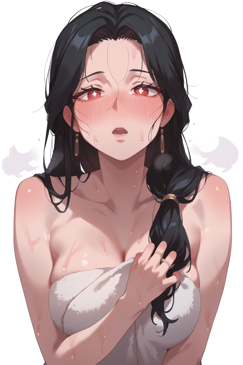 score_9, score_8_up, score_7_up, source_anime,
<lora:JJJJ_pony:1> jjjj, 1girl, blush, black hair, jewelry, long hair, ring, white background, sweat, red eyes, open mouth, looking at viewer, white pupils, towel, simple background, mature