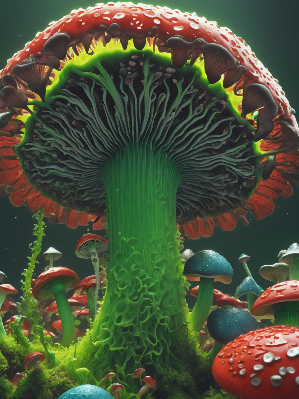 ((best quality)), ((masterpiece)), ((realistic,digital art)), (hyper detailed), Lime Green Delicate Saddle-shaped Pitted mushroom, Soft,  Root Interlocking, Bog, Dense,  Emerald Green Subdecurrent Gills, Gaping Pores,,Smooth Volva, Red Spore Print Cordate Base, Poison-spewing, , octane rendering, raytracing, volumetric lighting, Backlit,Rim Lighting, 8K, HDR,  <lora:add-detail-xl:.8>