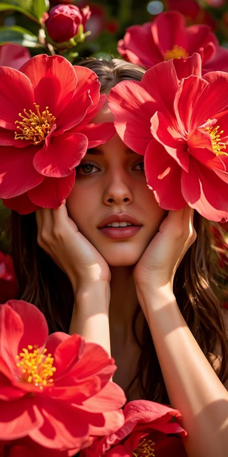 High quality and high contrast photography,The image depicts a person surrounded by vibrant red camellia flowers. The person's face is partially obscured by the flowers, with their eyes looking directly at the camera. The flowers are large and vivid, with bright yellow stamens and a rich red petal structure. The person's skin appears smooth and is illuminated by natural light, creating a soft and warm atmosphere. The background is filled with more camellia flowers, adding to the overall lush and floral theme. The person's hands are gently placed near their face, and the image has a dreamy, ethereal quality due to the way the flowers and light interact.,