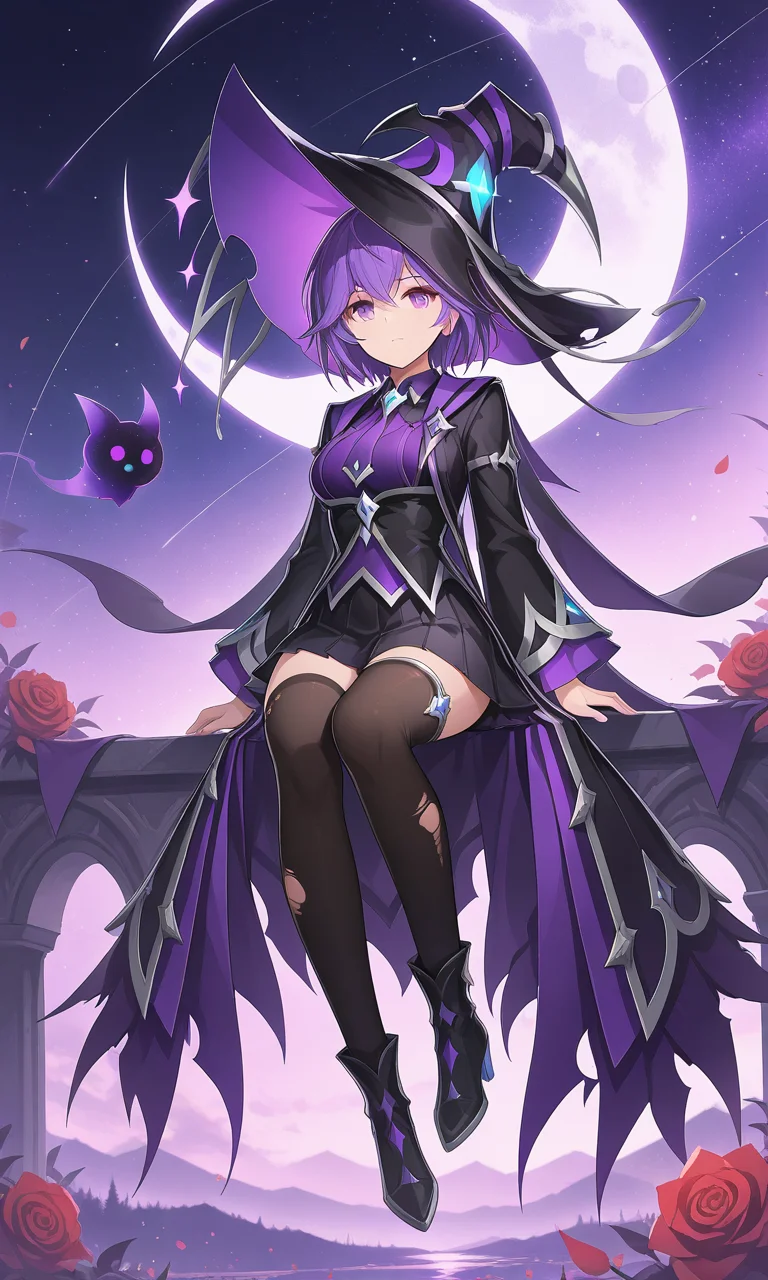 best quality, masterpiece, amazing quality, sitting on a crescent moon, starry night sky, glowing moonlight, ornate crescent moon, golden vine-like details, red roses, radiant skin, calm and serene expression, melancholic gaze, cosmic background, faint stars, mystical atmosphere, fantasy, 1girl, solo, Phantom Warlock, black witch hat, purple eyes, purple hair, short hair, black footwear, black skirt, torn thighhighs, black shirt