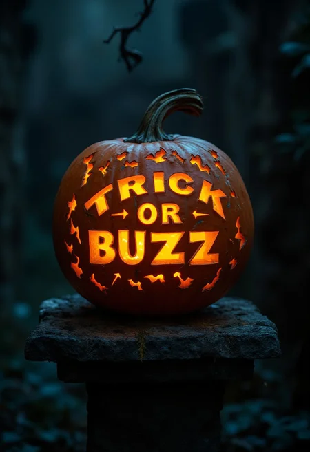 A masterful cinematic photograph of a beautiful, detailed carved pumpkin glowing from within atop an old stone plinth.
The raised carving on the pumpkin uses different layers of carving in the pumpkin and inlays of gold and cyan to create a beautiful scene that glows from within with the bright light of a candle.
The scene carved on the pumpkin is a bolt icon and text in bold scary letters. The text spells: "TRICK OR BUZZ"
The composition focuses on the pumpkin and the carving, the stone plinth and dark, eerie surroundings are just accompanying, out of focus.
The color palette uses three colors, mainly rich orange tones, deep vibrant cyan and bright gold. The overall ambiance is mysterious, dark and eerie.
The lighting setup masterfully captures the glow from within the pumpkin and enough light from the outside to display the detailed carving on the pumpkin.
The image is a masterpiece that captures the captivating charm of a beautiful painting decorated with baroque patterns. Its resolution is ultrahigh and detailed.