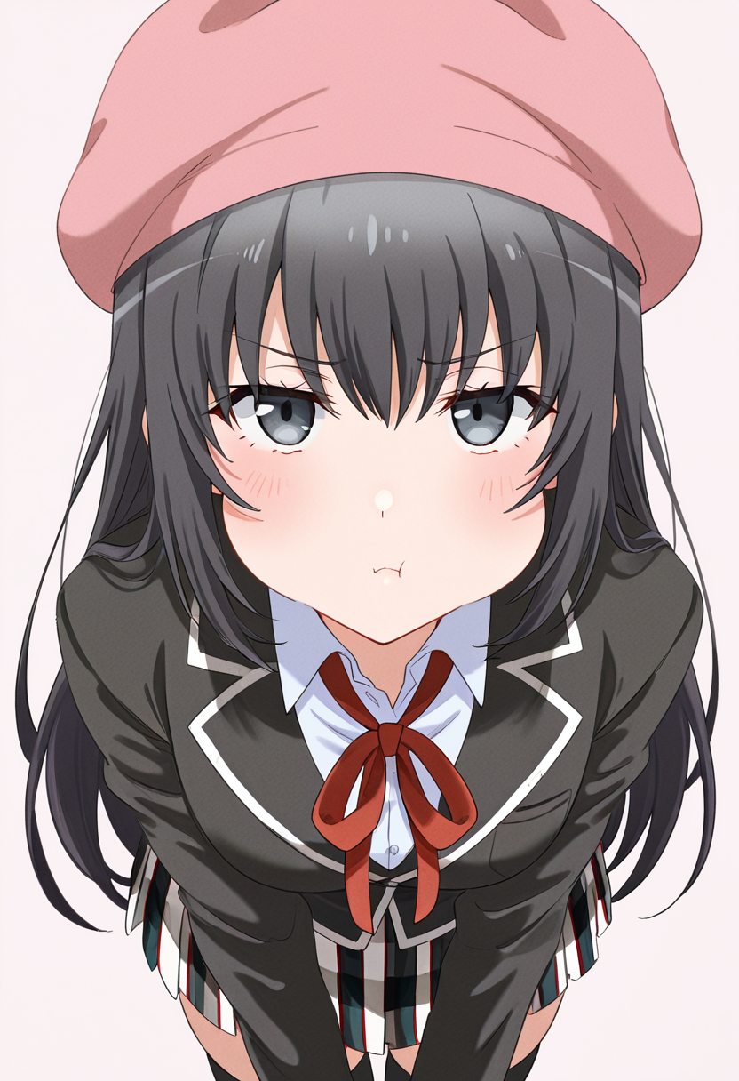 1girl, oregairumiagup, black hair, very long hair, black eyes, sobu high school uniform, black jacket, neck ribbon, red ribbon, plaid skirt, pleated skirt, black thighhighs, beret, looking at viewer, pout, puffy cheeks,  cute, <lora:RumiHighSchool_ill_v2:1>, masterpiece, best quality, high quality, detailed, absurdres