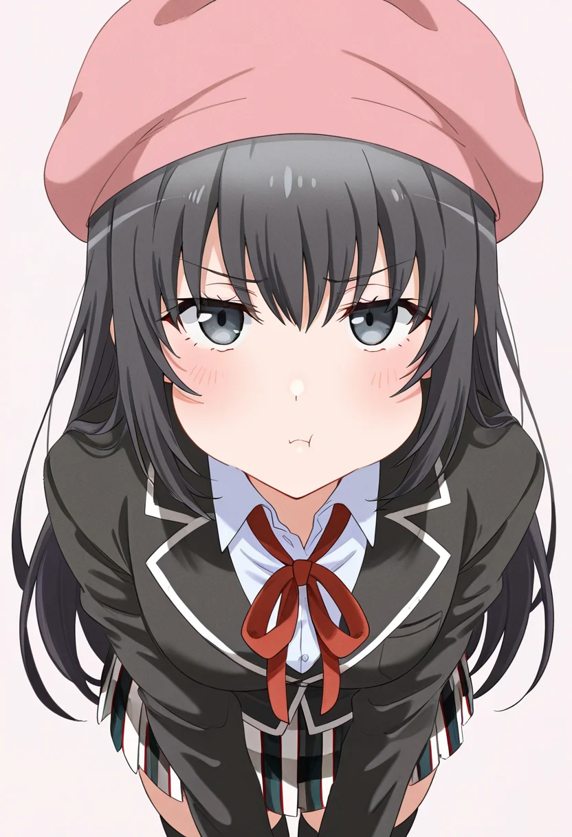 1girl, oregairumiagup, black hair, very long hair, black eyes, sobu high school uniform, black jacket, neck ribbon, red ribbon, plaid skirt, pleated skirt, black thighhighs, beret, looking at viewer, pout, puffy cheeks, cute, <lora:RumiHighSchool_ill_v2:1>, masterpiece, best quality, high quality, detailed, absurdres