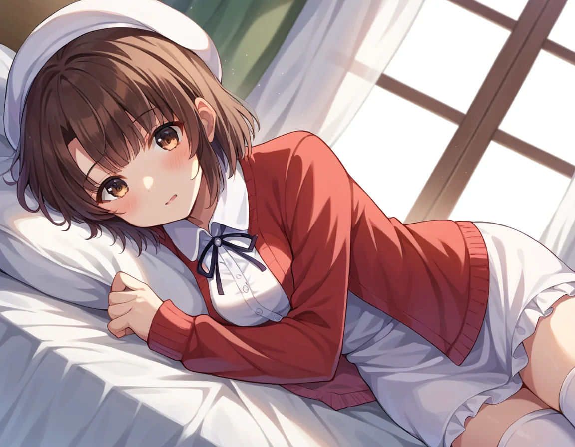 score_9, score_8_up, score_7_up, source_anime,
megumikatou, <lora:megumi-katou-ponyxl-lora-nochekaiser:1>
megumi katou, brown hair, brown eyes,
short hair, hat, jacket, long sleeves, thighhighs, white headwear, white thighhighs, dress, white dress, red jacket, white hat, open cardigan, open clothes,
indoors, bed, bed room, on side, blush, drunk,
looking at viewer, dutch angle, cowboy shot,