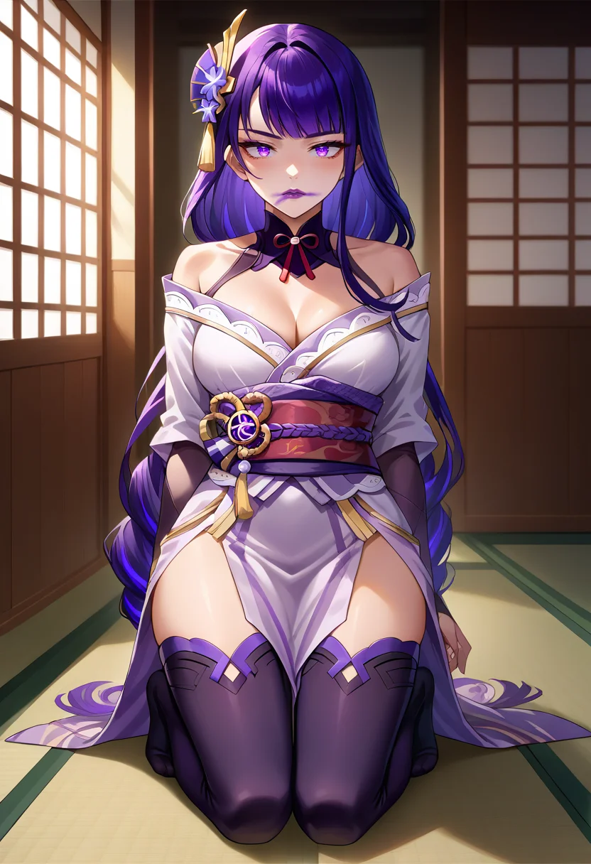 score_9, score_8_up, source_anime, rating_safe, 1girl, solo, raiden shogun, thighhighs, smeared lipstick, purple lipstick, indoors, seiza, kneeling, japanese theme, <lora:ChamSmearedLipstickPonyXL:1>