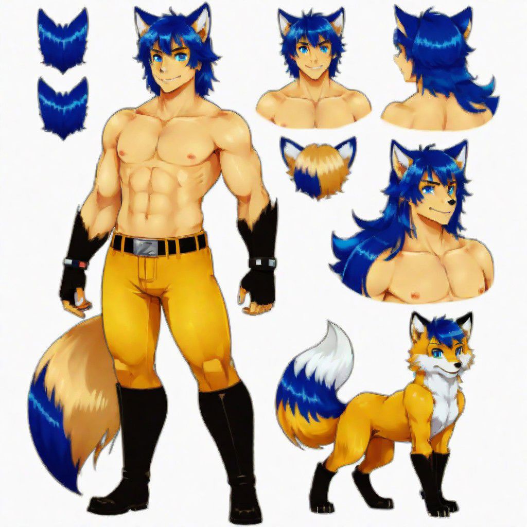 solo, blue eyes, gloves, 1boy, animal ears, blue hair, yellow fox tail with a blue end, full body, male focus, nude, handsome pose, wolf face, fox ears, muscular, fox tail, abs, furry, furry male, character sheet, ref sheet, presenting penis, humanoid genitalia, foreskin, erect, saggy balls, sweaty genitalia, glistening genitalia, cum while flaccid, genital fluids, claws,  smile, black body, black skin, two tone body