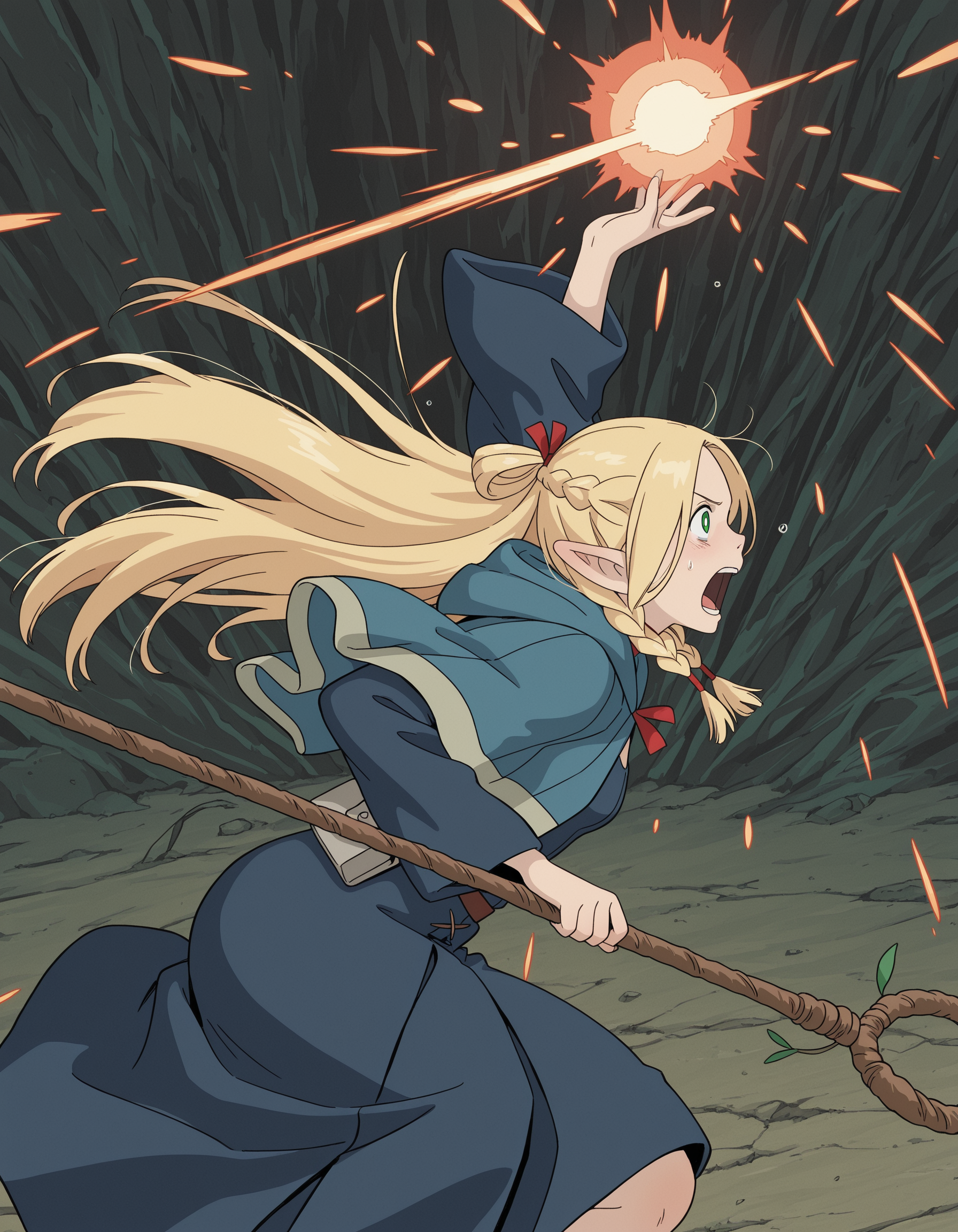 studio_ghibli, 1girl, from side, marcille donato, casting spell, throwing fireball, staff, screaming, masterpiece, best quality, amazing detail, high definition