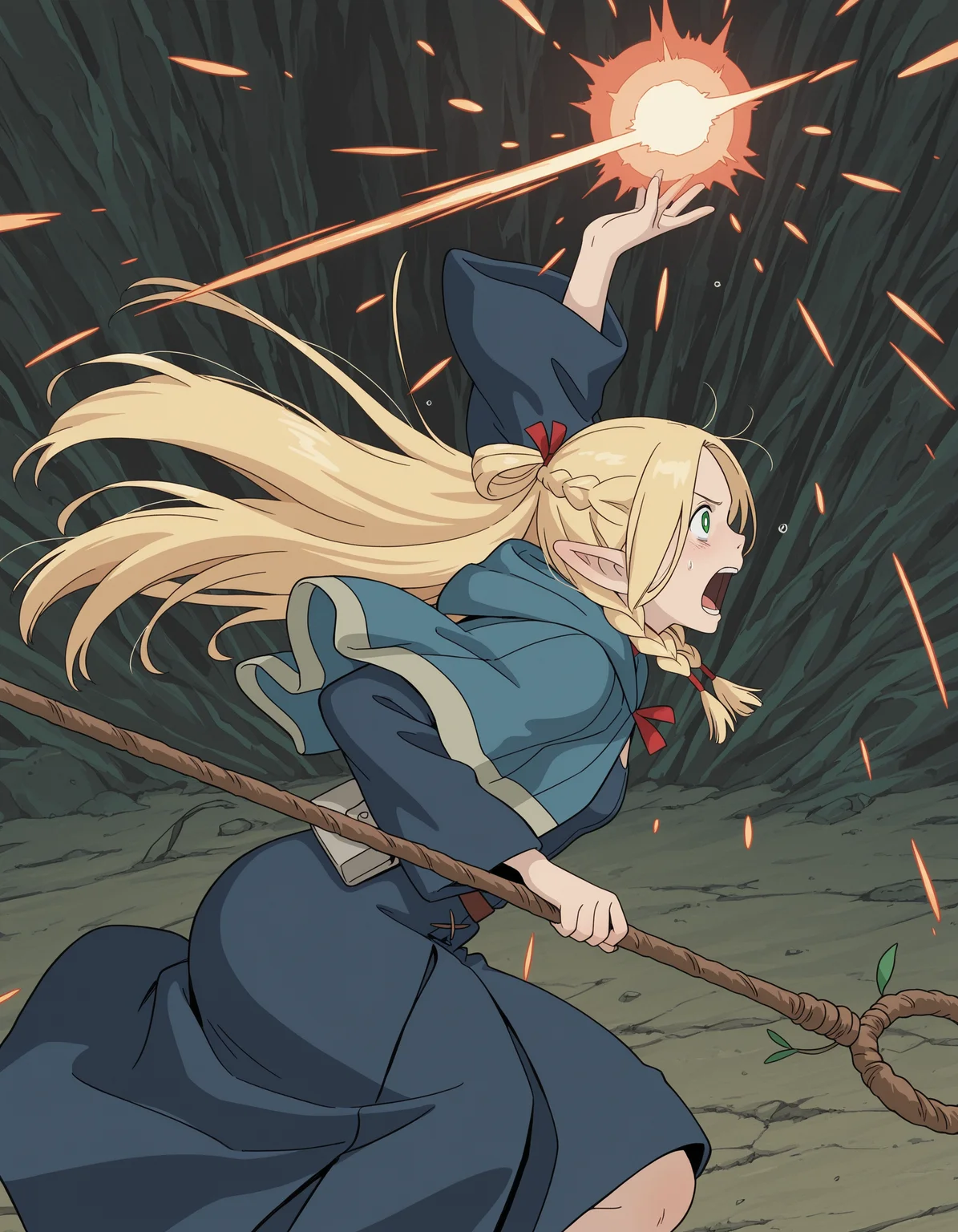 studio_ghibli, 1girl, from side, marcille donato, casting spell, throwing fireball, staff, screaming, masterpiece, best quality, amazing detail, high definition