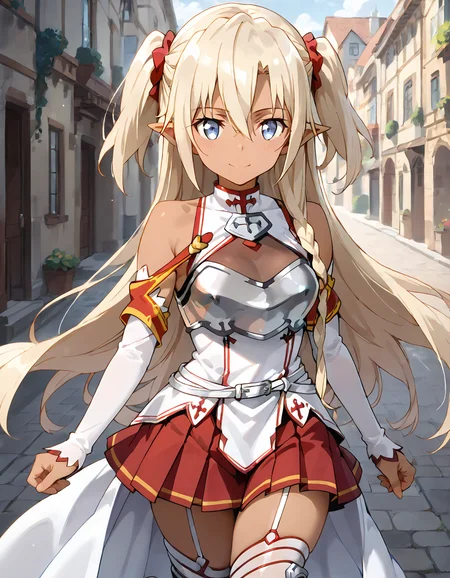 score_9, score_8_up, score_7_up, source_anime, <lora:add-detail-xl:1>, good anatomy, masterpiece, amazing quality, ultra detailed, good hand
BREAK 1girl, walking, in town, happy,
BREAK <lora:edelgard_0:0.9> Edelgard, 1girl, (dark skin, dark skinned female), elf ears, blue eyes, blonde hair, long hair, twin tails, braid, red hairband, medium breasts,
BREAK <lora:Knights-of-the-Blood-Oath-uniform:0.9> Knights-of-the-Blood-Oath-uniform, skirt, red skirt, pleated skirt, mini skirt, white dress, detached sleeves, white belt, waist cape, white waist cape, silver breastplate, white thighthighs,