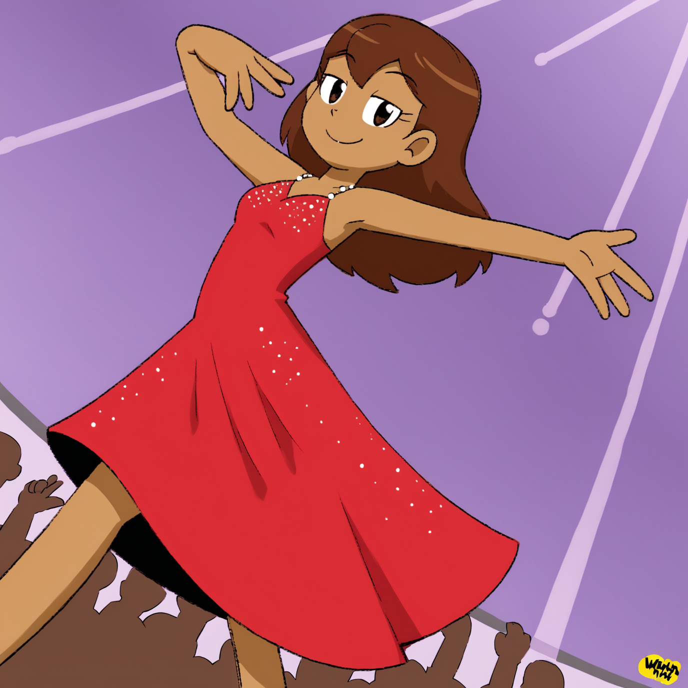 <lora:Xierra099s_style_r1:1> 1girl, dress, smile, score 9, dynamic angle, looking at viewer, dancing, brown skin