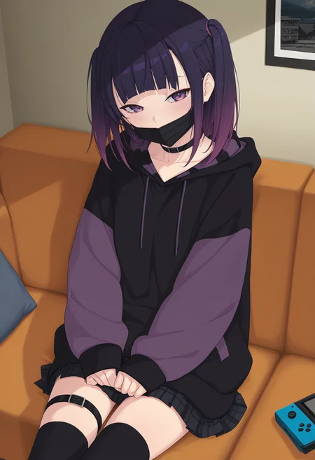 Smooth Quality,masterpiece, ultra realistic,anime artwork, anime style, studio anime
apartment, couch, handheld game console, 
 <lora:Kashihara_Noa_IL:0.8> noa_il, 1girl, bangs, skirt, thighhighs, long sleeves, hoodie, hood, mask, sleeves past wrists, choker,purple hair, gradient hair,