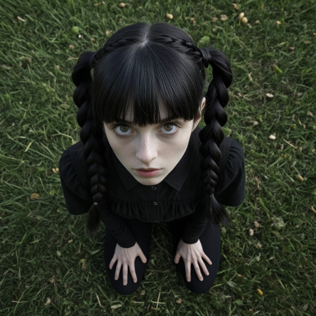 supercute, beautiful woman in a park in autumn, narrow oval face, skinny face, natural, pale white skin, black straight hair, thick hair, thick long bangs, big eyes, two carefully precisely braided pigtails, wearing all black, kneeling in grass, looking up at viewer

photo taken from above, pov