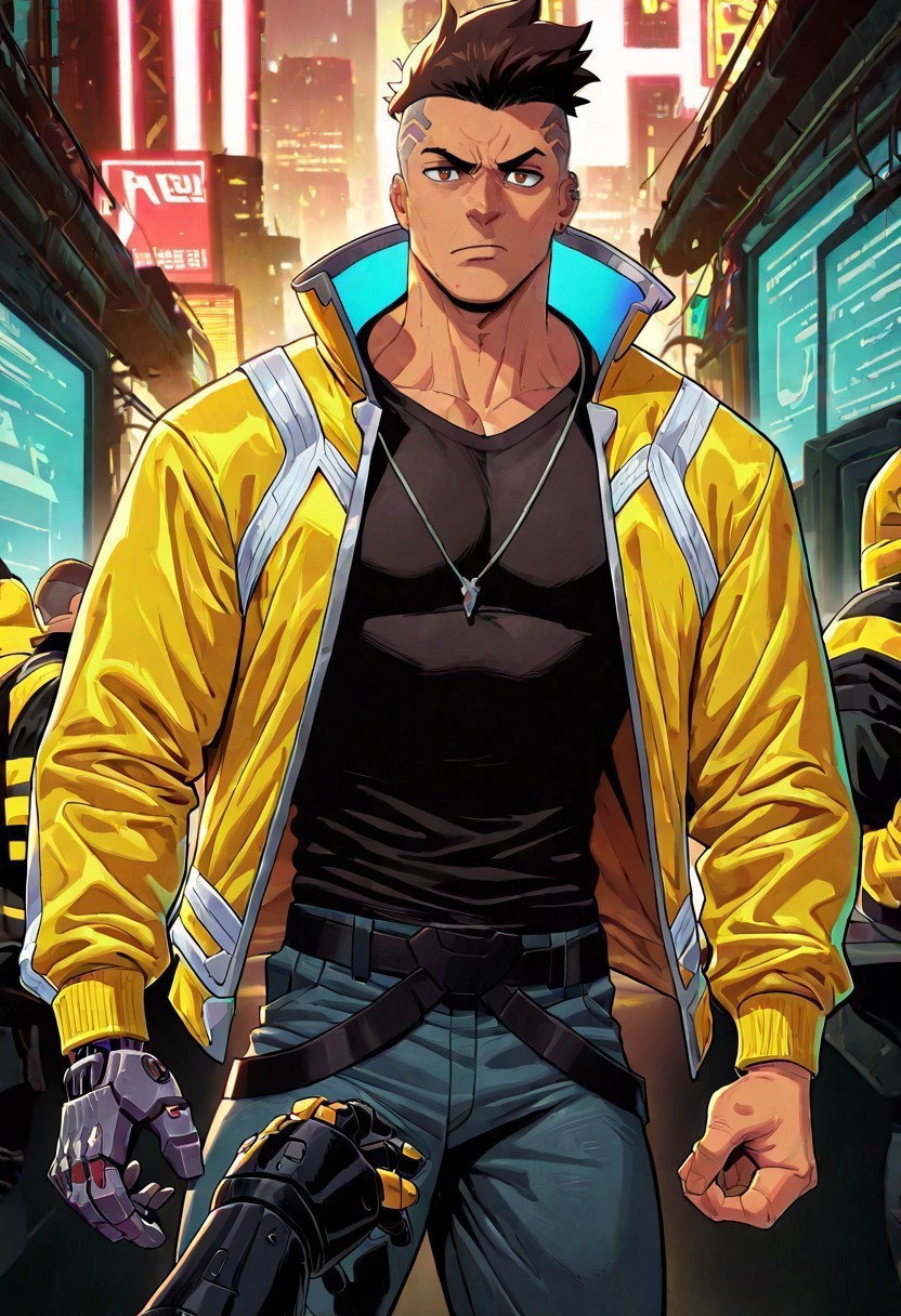 masterpiece, best quality, newest, absurdres, highres, ECM-V1.0, solo, solo focus, 1boy, david martinez \(cyberpunk\), collared jacket, long sleeves, short hair, yellow jacket, undercut, brown eyes, brown hair, mechanical hands, pectorals, v-shaped eyebrows, muscular
