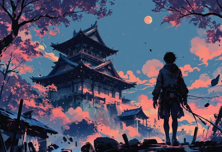 in the style of ck-mgs, nistyle, Special Ink-drawing mode, intricate linework with expressive contrasts, Mh1$AgThS2, Inkplash art on rice paper, sepia, henna , Silhouette Art, magnificent, inksplash anime art, pscho_4rt, a breathtaking ultra-HD anime-style illustration of a electro_style, cowboy, masterpiece, best quality, newest, absurdres, highres, by an ancient japanese edo castle, sunset, ink artwork, sharp color, sakura trees in the background, moon in background. The atmosphere is tranquil yet powerful, evoking a sense of nostalgia and wonder. Highly detailed character, precise silhouette, cinematic lighting, ultra-realistic textures, dreamy and immersive composition, masterpiece. (mainly blue colors)