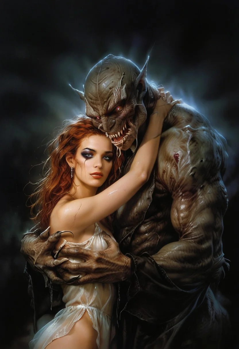 score_9, score_8_up, score_7_up, score_6_up, semi-realistic, (1girl), (1boy).  
MonsterLove, male monster, White monster. 
blondie girl with sexy makeup.
Hug.