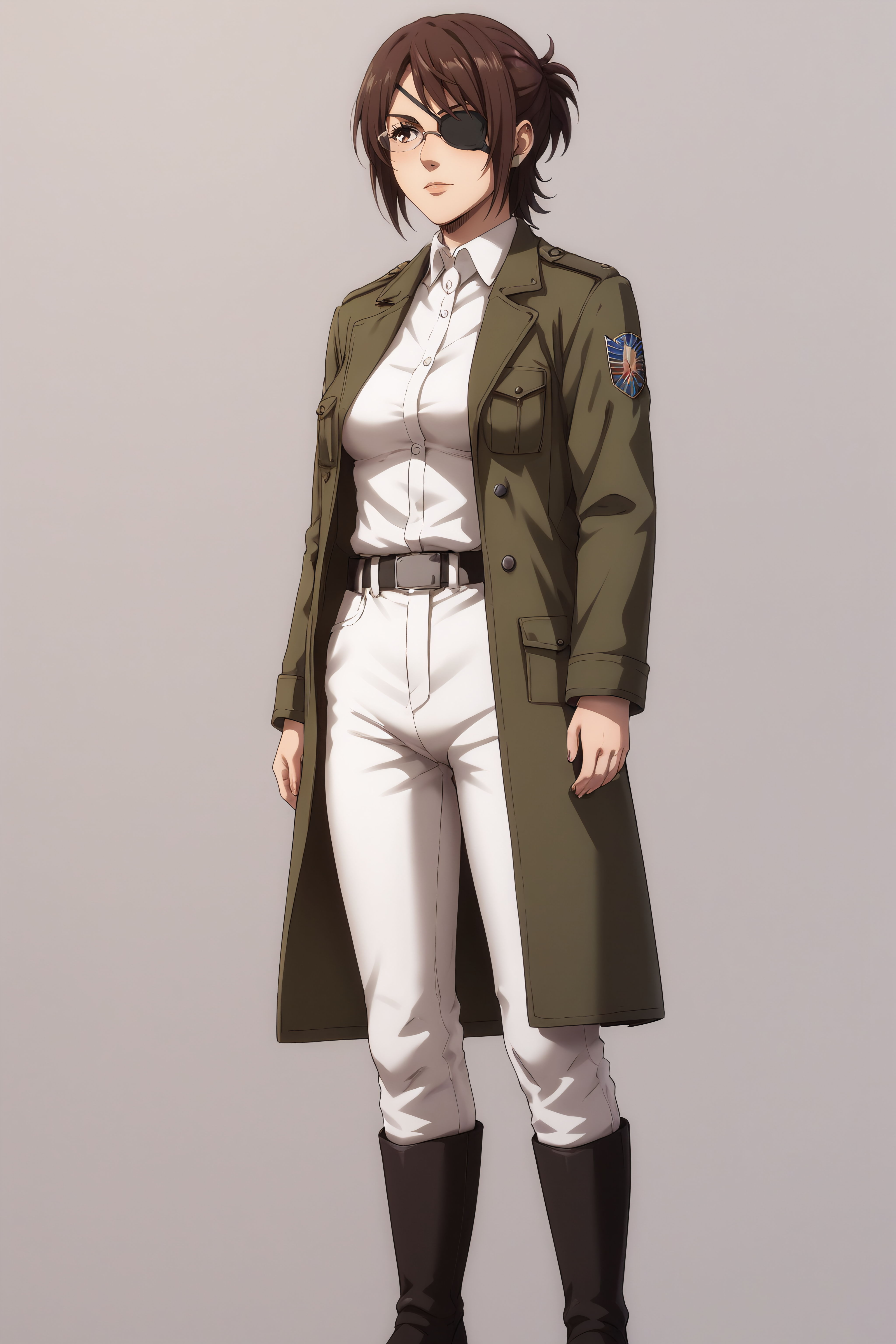 score_9, score_8_up, score_7_up, BREAK source_anime, <lora:hange zoë-PonyXL-lora-Faxtron:0.8> hange, glasses, brown eyes, dark brown hair, medium breasts, eye patch, military overcoat, survey corps \(emblem\), white shirt, white pants, knee boots, standing,