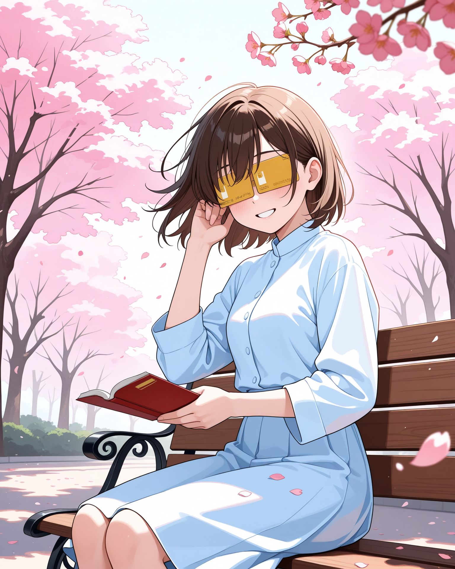 masterpiece, best quality, amazing quality, very aesthetic, absurdres, newest, general, 
cowboy shot, 
(1girl, solo,:1.1) holding book, open book,
from side, facing viewer, blush, 
wide shot, three quarter view, 
hand in own hair, spring \(season\), wind, falling petals, light particles, watercolor \(medium\), blurry foreground, gradient, polarized, 
sitting, on bench, confession, happy, light particles, wind, dust, 
scenery, outdoors, chiaroscuro, 
cardew, covered eyes, credit card, <lora:cardew v2:1>
