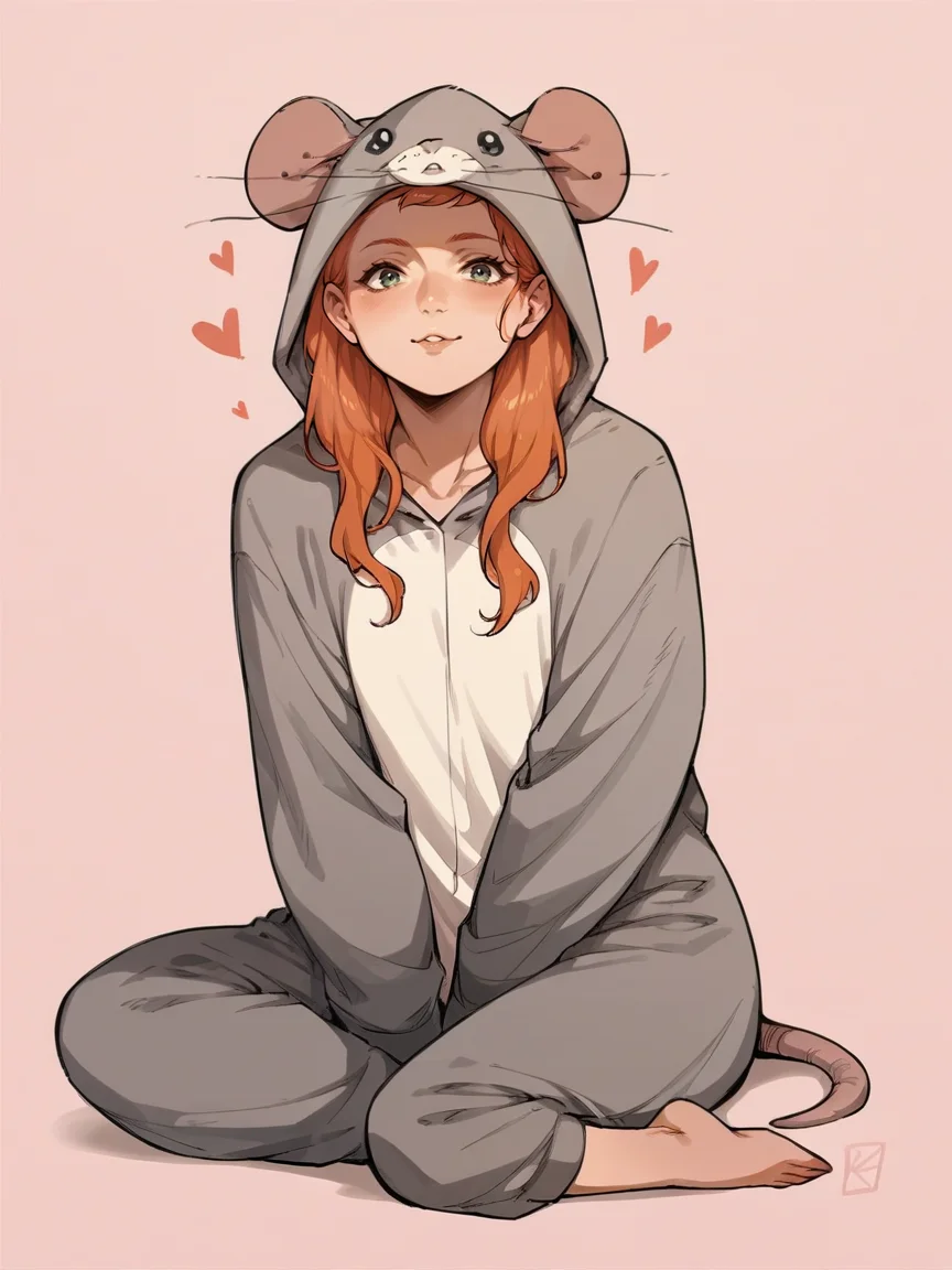 score_9, score_8_up, score_7_up, score_6_up, score_5_up, <lora:ratonsieXLP3:1> rat onsie, barefoot, animal costume, tail, 1girl, ginger hair, sitting, heart, pink background,