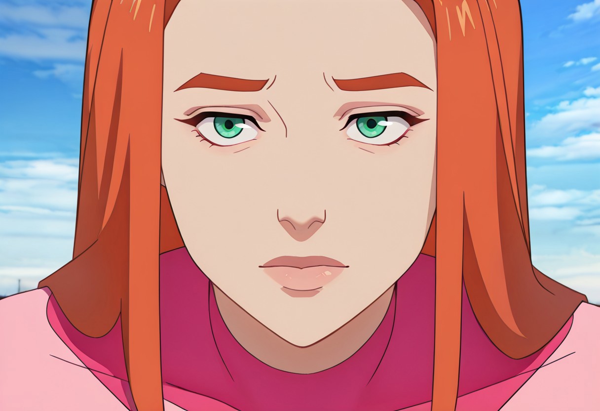 masterpiece, best quality, newest, absurdres, highres, 1girl, AT0Meve-INVPACK-JustEve.V1.0, redhead, long hair, ginger, orange hair, green eyes, AT0Meve-INVPACK.V1.0-Superherooutfit, pink bodysuit, superhero, cape, short cape, leotard, gloves, knee boots, pink footwear boots, eye focus, portrait,
