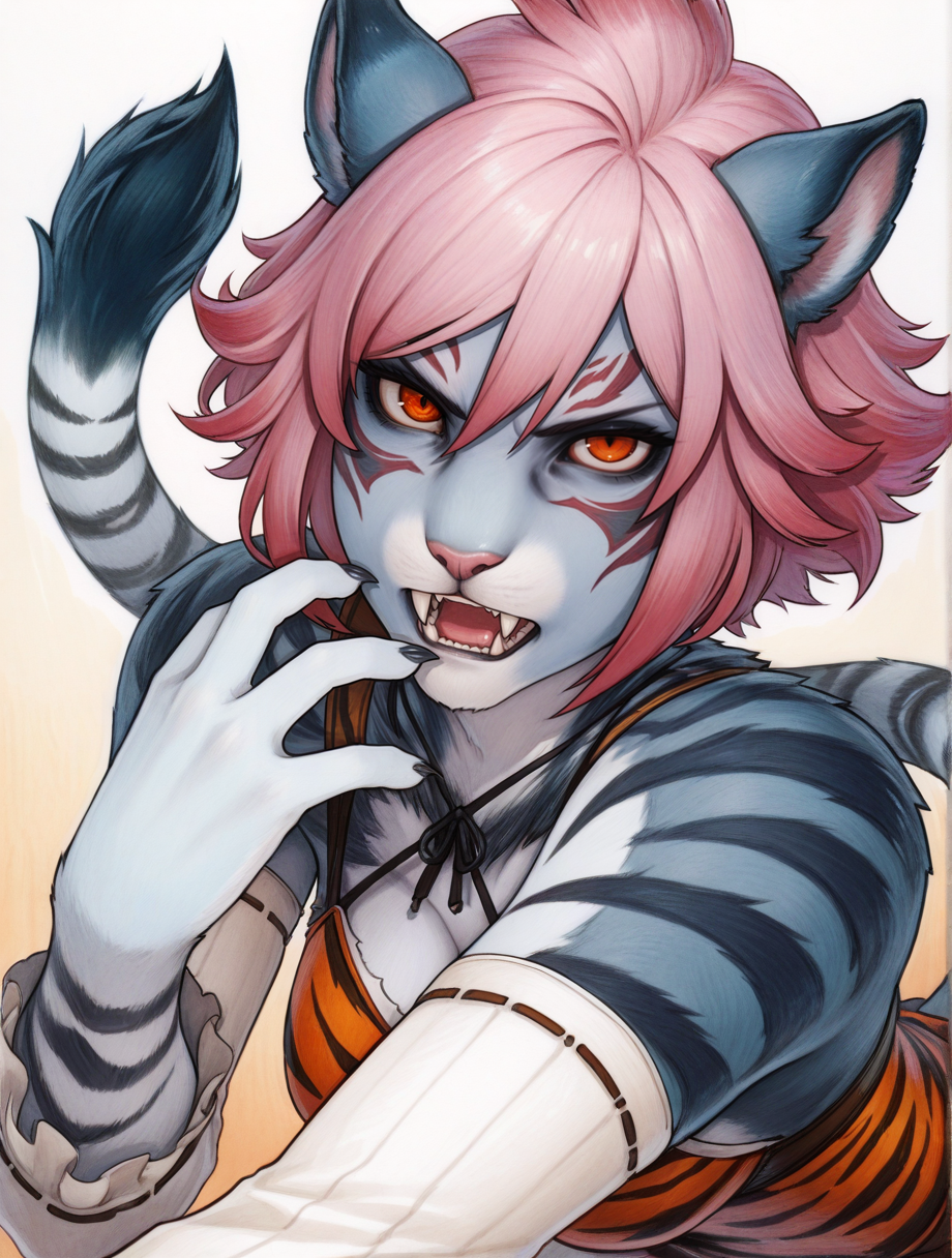 high quality, best quality, masterpiece, highres, very aesthetic, absurdres, <lora:illustrious_quality_modifiers_masterpieces_v1:1>, <lora:NSFWFilter_illusXL_Incrs_v1:-.5>, solo focus, dynamic pose, portrait, headshot, looking at viewer, 
<lora:Hrothgar:.8>, Hrothgar, Final Fantasy, female, short hair, pink hair, orange eyes, body fur, dark blue fur, tiger stripes, fluffy, animal ears, claws, tail, medium breasts, fangs, casual clothes
, gradient background, <lora:Omar_Dogan_IDK:1>