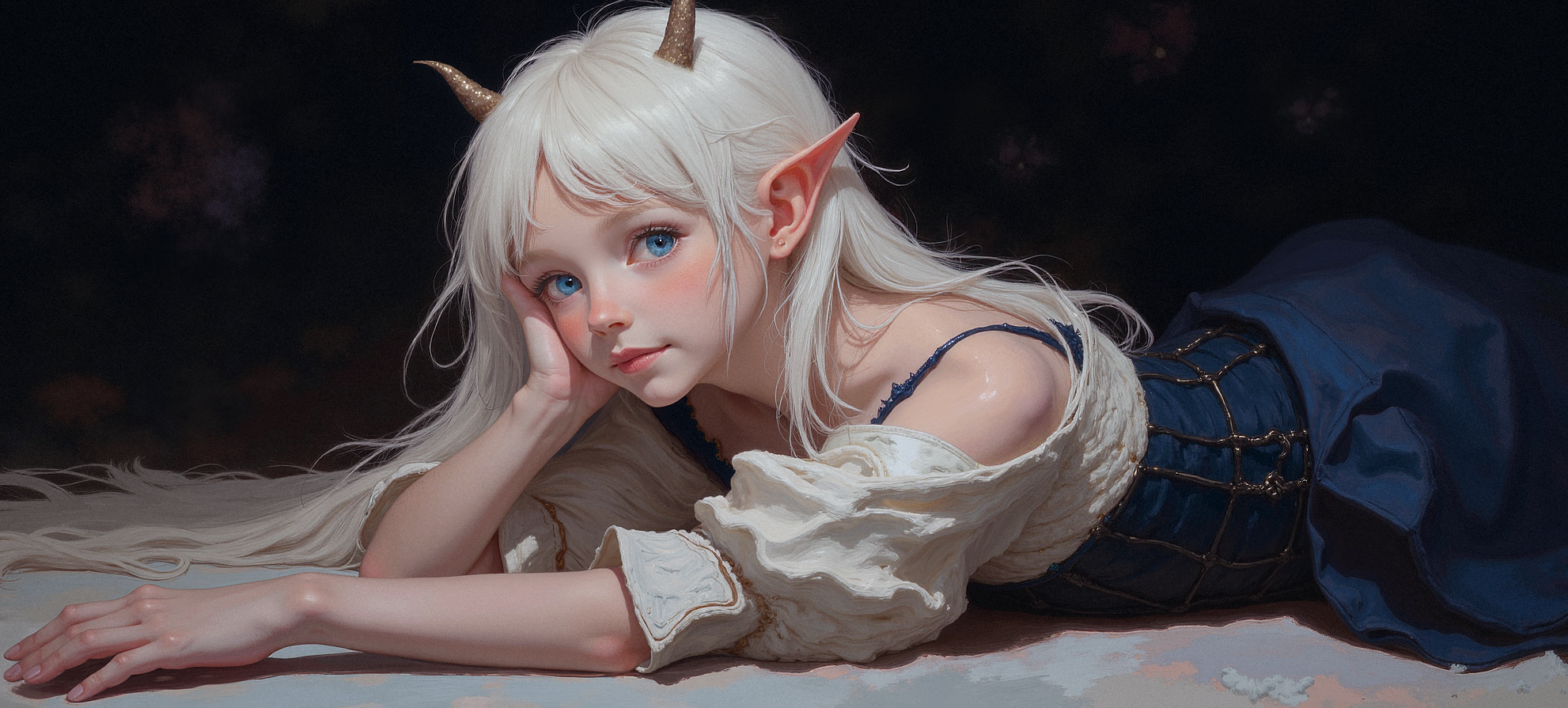 A close-up of a woman with white hair, fair skin, and fantasy-like elf ears, lying on her stomach with her legs bent at the knees and feet raised in the air. Her hair is long, flowing, and slightly wavy, reaching down her back. She is wearing a medieval-style off-shoulder dress with puffy white sleeves and a navy-blue skirt. Her dress is cinched at the waist with a black corset. Small, curved horns protrude from her forehead, and her light blue eyes gaze directly at the viewer. Her right hand is positioned under her cheek, supporting her head, while her left arm is slightly stretched forward. The lighting is soft, highlighting the smooth texture of her skin, with minimal shadows. The background is a dark, blurred gradient, emphasizing the subject in a calm and mysterious atmosphere.    <lora:FLUX-daubrez-DB4RZ:0.93> DB4RZ, DB4RZ style painting,