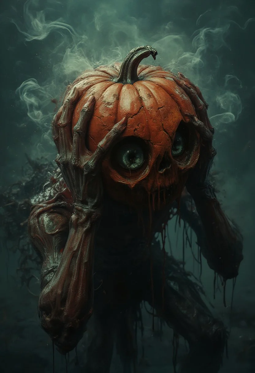 horror show, monster, nightmare, fear, illustration, 
The image depicts a moody, ethereal scene set in a foggy, dimly lit location. The color scheme of the image is predominantly muted and desaturated, with cool tones of misty gray, blue and green, two-tone colors, harsh shadows, texture, (reflection of eyes, looking at viewer: 1.6) (A thick red disgusting goo, lyre-shaped goo, flows out of the holes. Disgusting slobbering bloody goo: 1.4). close up (side view, looking up, from above:1.5) (cracked, juicy and succulent hole, slime:1.6) tilted pumpkin head, (melted, dripping juice flows out of each hole:1) (bright orange skin:1.2), (pumpkin skin:1.2), (this man is going crazy, this is madness, despair:1.6) (lots of smoke coming out of the hole in his head) this is a nightmare dripping, (realistic detailed eyes, tears:1.5) (fusion of body, arms and pumpkin) ((tilt of head:1.4)), (he clutches his head with both desperate hands:1.8) bald skull, pumpkin stem, detailed PBR texture (dynamic pose, dynamic angle:1) Masterpiece of professional photography 64k cinematic composition, vignetting (melted body, dripping skin:1)
(moonlit:1), ((plain dark background)), made of blood and gore. Cinematic photography, film mood, cinematic lighting, compelling composition, narrative elements, conveys emotion, mood and depth of narrative, creating visually striking images that feel like still frames from a film