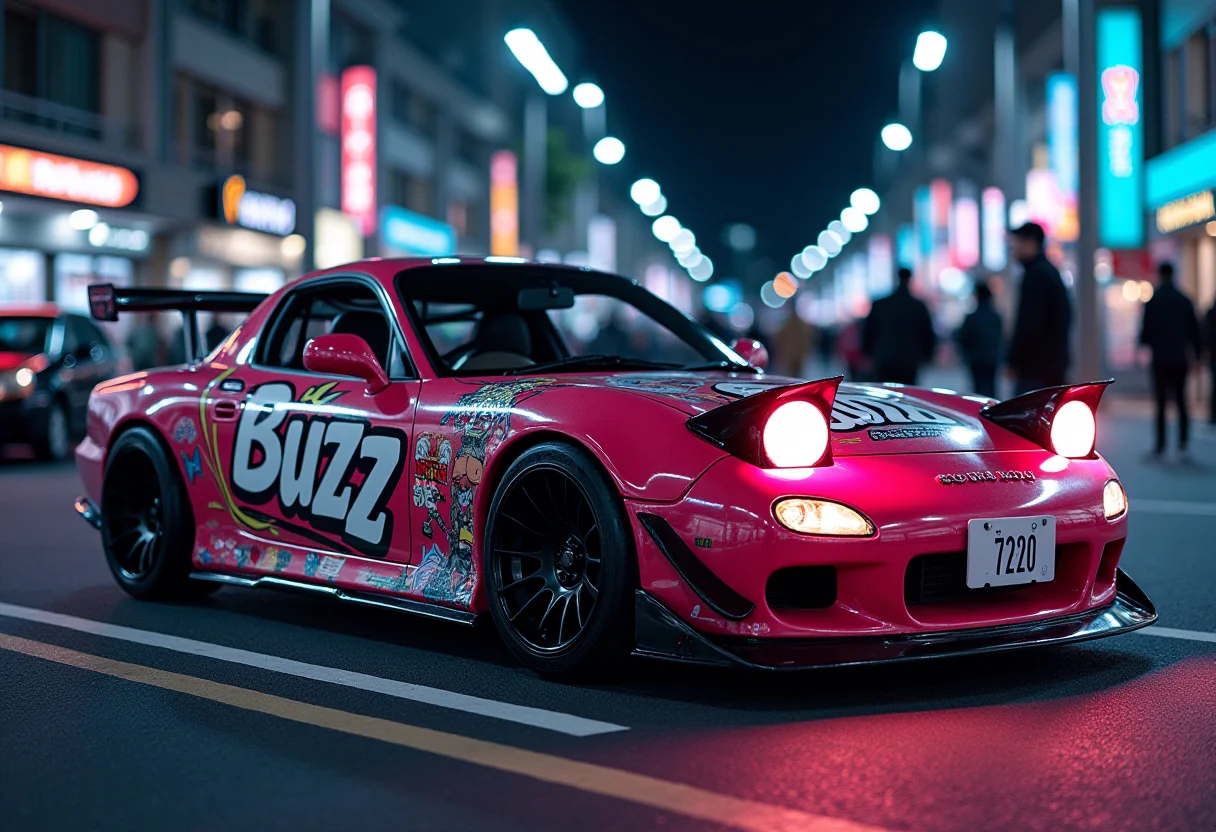 graffiti style kawaii style hyperrealistic art night, Tokio city, JDM car mazda rx-7 on the parking area. This car has anime vinyl scratches, has vinyl scratch with text "Buzz" and has neon light. Side view, parking, a lot of peoples . extremely high-resolution details, photographic, realism pushed to extreme, fine texture, incredibly lifelike . cute, adorable, brightly colored, cheerful, anime influence, highly detailed . street art, vibrant, urban, detailed, tag, mural