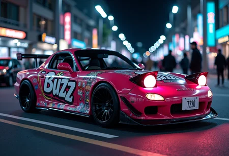 graffiti style kawaii style hyperrealistic art night, Tokio city, JDM car mazda rx-7 on the parking area. This car has anime vinyl scratches, has vinyl scratch with text "Buzz" and has neon light. Side view, parking, a lot of peoples . extremely high-resolution details, photographic, realism pushed to extreme, fine texture, incredibly lifelike . cute, adorable, brightly colored, cheerful, anime influence, highly detailed . street art, vibrant, urban, detailed, tag, mural