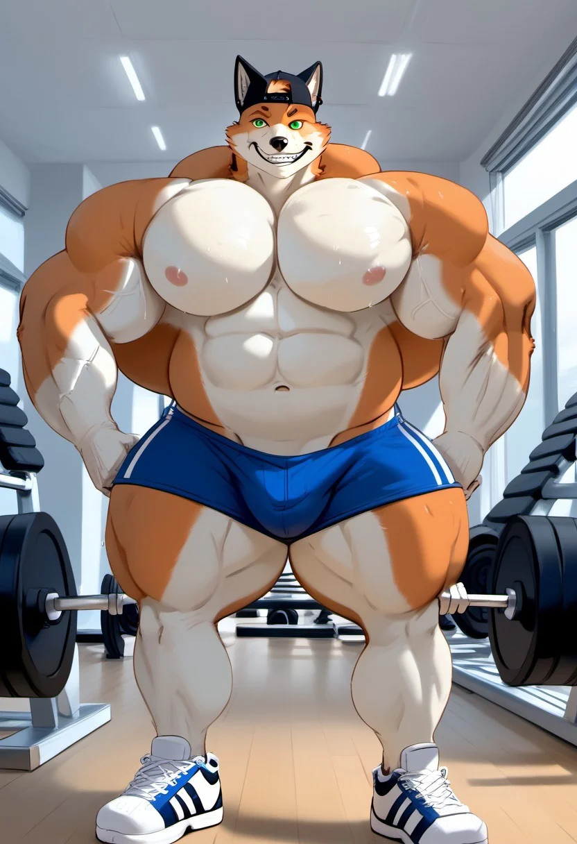 (masterpiece,best quality:1.2), (masterpiece, best quality), score_9, score_8_up, score_7_up, source:furry, dynamic lighting, detailed background, in the gym, anthro, furry, detailed eyes. detailed face, furry male,
BREAK
 gay, gay muscular anthropomorphic furry, furry male, male focus, fox, green eyes, orange fur, pink spiked hair, (highly detailed face, highly detailed eyes), aroused expression, looking at viewer, waring pink shirt, and blue shorts muscular, hyper muscle, hyper muscular, hyper pectorals, hyper biceps, hunks, hyper thigh, hyper ass, hyper pecs, big biceps, pecs, big bulge, bubblebutt, huge ass, big butt, backwards black hat, smirk, huge butt, sweaty, very high quality,
BREAK
<lora:add-detail-xl:1.5>,
<lora:DetailedEyes_V3:1>