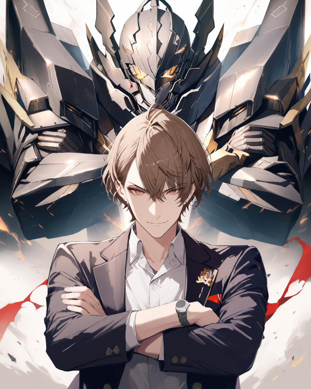 1boy, KagamiHayatoNijisanji, 
safe, male focus, perspective, realistic, upper body, 
gunbuster pose, crossed arms
doyagao, smile,
open jacket,
collared shirt, 
wristwatch,
BREAK
1other, DaikagamiNijisanji,
<lora:kp_KagamiHayatoNijisanjiAnimagineXL_v1_1:1.0>,
masterpiece, high score, great score, absurdres