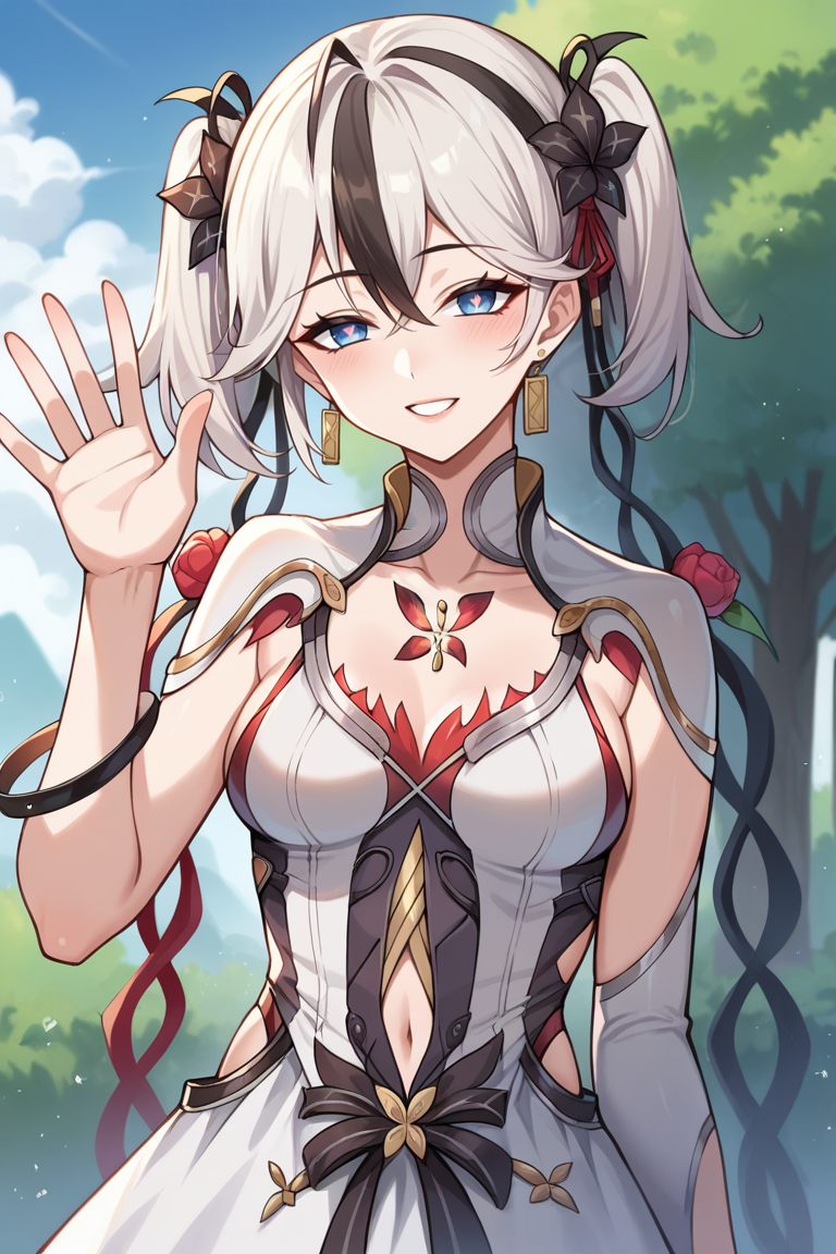 score_9, score_8_up, score_7_up, score_6_up, score_5_up, score_4_up, rating_questionable, , source_anime, digital illustration, pixiv, fanbox, uncensored, , BREAK, official art,
1girl, solo, mature female, camellya, long hair, twisted hair, blue eyes, twintails, white hair, black streaks, hair flower, ,
dress, white dress, jewelry , light smile, navel cutout, clothing cutout, upper body, waving, light smile, , outdoors , cowboy shot, looking at viewer, colorful, vivid, <lora:Camellya_Pony-10:0.9>