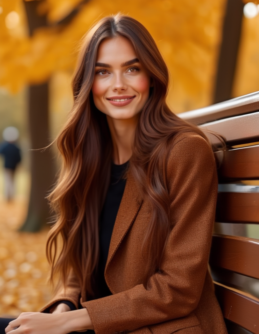 A model with long, straight chestnut brown hair, her sharp, angular features softened by her warm, brown eyes. Sheâs sitting on a park bench, the golden leaves of autumn falling around her, a small smile playing on her lips. <lora:usual-portrait-v2:1>