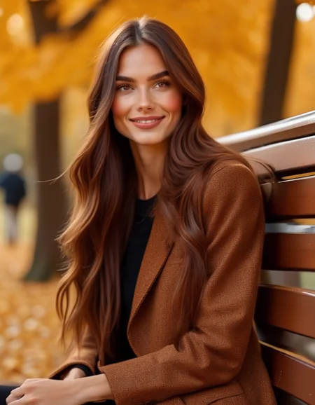 A model with long, straight chestnut brown hair, her sharp, angular features softened by her warm, brown eyes. Sheâs sitting on a park bench, the golden leaves of autumn falling around her, a small smile playing on her lips. <lora:usual-portrait-v2:1>