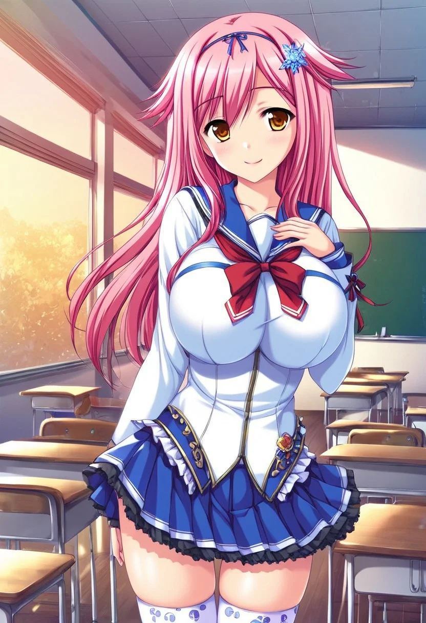 masterpiece, absurdes, highly detailed, highres, high quality, best quality, score_9_up, score_8_up, score_7_up, 2D, anime_source, source_anime, high resolution, detailed face, best quality, detailed eyes, High-resolution portrait, sharp detail, masterpiece, anime style, cowboy shot, rare view, looking at viewer,
Break,
1girl, Megumino Mashiro, solo, solo focus, Kemonomimi hair, pink hair, long hair, hair parted to side, side hair, amber eyes, tarame eyes, breasts, large breasts, pale, slim, sexy, curvy, voluptuous, school uniform, long sleeves, blue and white sailor-style shirt, blue line across chest, red tie, blue pleated miniskirt, thigh high white stockings, smile, closed mouth, standing,
Break,
indoor, classroom setting, windows, day, natural lighting,