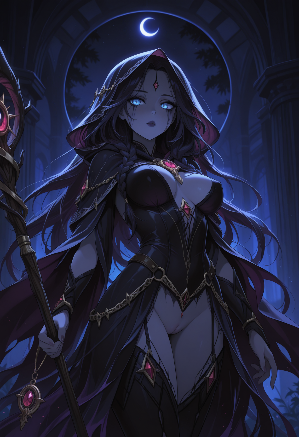 score_9, score_8_up, score_7_up, score_6_up, dynamic, (anime, masterpiece), best quality, (8k), detailed background, sharp focus, intricate, ambient lighting, super high quality, hyper detailed background, cinematic lighting, adult, double tone long hair, medium breasts, verybadimagenegative_v1.3, shadow witch, midnight-veil cloak, Eclipse-glow eyes, Whisper-thread braids, shadow-dancer's grace, charm-bound heart,crescent-moon amulet, Elderberry-lip stain, netherworld whispers cloak,  arcane heirloom staff, pussy, pussy outline, nudity, open breasts, <lora:CatGirlStyle\CatgirlStyle-000014>, CatGirlStyle