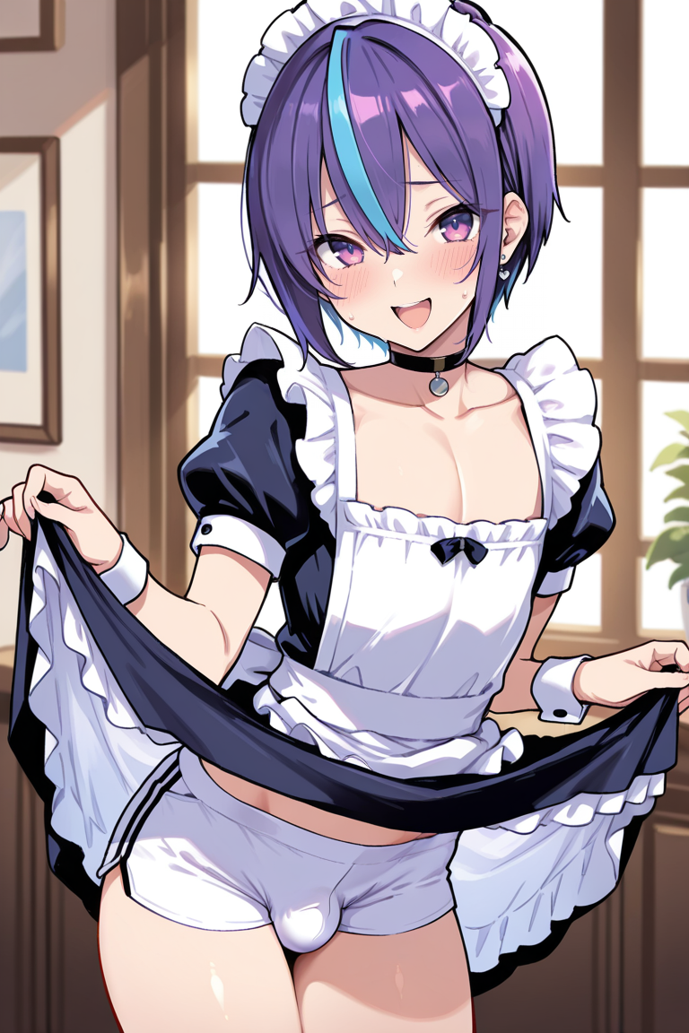 masterpiece , source_anime  1boy, male focus, , streaked hair, otoko no ko, solo, jewelry, , multicolored hair, purple hair, blue hair, , blush, short hair, hair between eyes, smile, ,, open mouth, looking at viewer, , streaked hair,  , bangs,  ,  maid, maid headdress, ,  apron, choker, looking at viewer, , , wrist cuffs, frills, , , bangs, puffy sleeves, short sleeves, dress, maid apron, black choker, , collarbone, sweatdrop, solo, puffy short sleeves, smile, skirt lift, white short pants