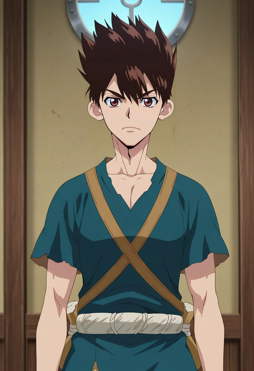 masterpiece, best quality, , anime screencap, anime coloring, official style, looking at viewer, 1boy, solo, male focus, <lora:chrome_dr_stone_ilxl:0.9>, chrome_dr_stone, brown hair, brown eyes, short hair, spiked hair, , ,