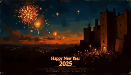 Clip L sketch painting, mvpstrCE style,movie poster from the 1960s, vibrant celebration scene, with fireworks lighting up the night sky in vivid colors, a cheerful crowd gathered on an ancient castle, people holding sparkling champagne glasses, 'Happy New Year 2025' displayed in glowing letters, a joyful and optimistic atmosphere, ultra-detailed 3D cartoon style, with dynamic lighting and a polished festive aesthetic Clip G sketch painting, mvpstrCE style,movie poster from the 1960s, vibrant celebration scene, with fireworks lighting up the night sky in vivid colors, a cheerful crowd gathered on an ancient castle, people holding sparkling champagne glasses, 'Happy New Year 2025' displayed in glowing letters, a joyful and optimistic atmosphere, ultra-detailed 3D cartoon style, with dynamic lighting and a polished festive aesthetic