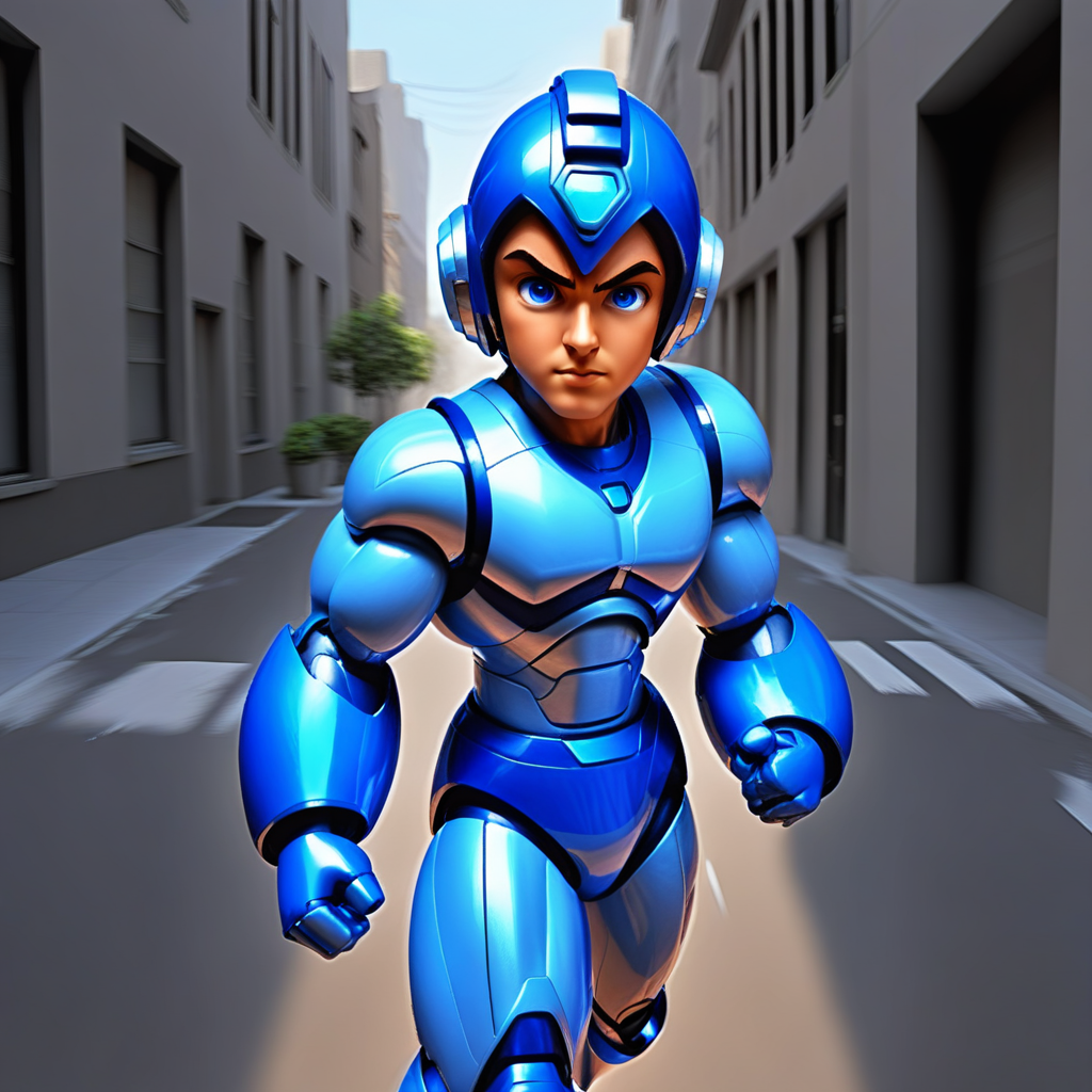 megaman, running on a street, street level, blue robot, 3d++, smooth, high details, masterpiece, 4k, (handsome teen face), (realistic face:1.5), (high detailed face:1.5), (high detailed eyes:1.5), (serious), (focused)