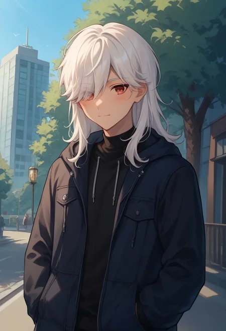score_9, score_8_up, score_7_up, source_anime, highly detailed,
cyno, 1boy, male focus, solo, dark-skinned male, dark skin, white hair, hair over one eye, long hair, red eyes, jacket, hood down, long sleeves, hoodie, black jacket, light smile, blush,
outdoor, contemporary, buildings, tree,