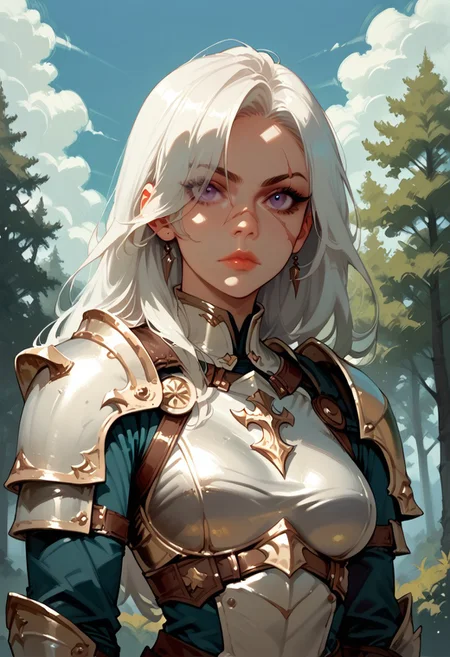 1girl, armor, scar, solo, scar on face, white hair, long hair, hair over one eye, looking at viewer, purple eyes eyes, outdoors, upper body, breastplate, medium breasts, shoulder armor, tree, makeup, lip gloss, day, scar across eye, sky, , cloud, , shoulder plates, pauldrons, breasts, nature, eyelashes, scar on nose, scar on cheek, closed mouth, forest, blue sky, one eye covered
, <lora:Ri-MIX_A_Illustriousv2-000009:1> rimixa,, looking at viewer,, , score_9, score_8_up, score_8_up,