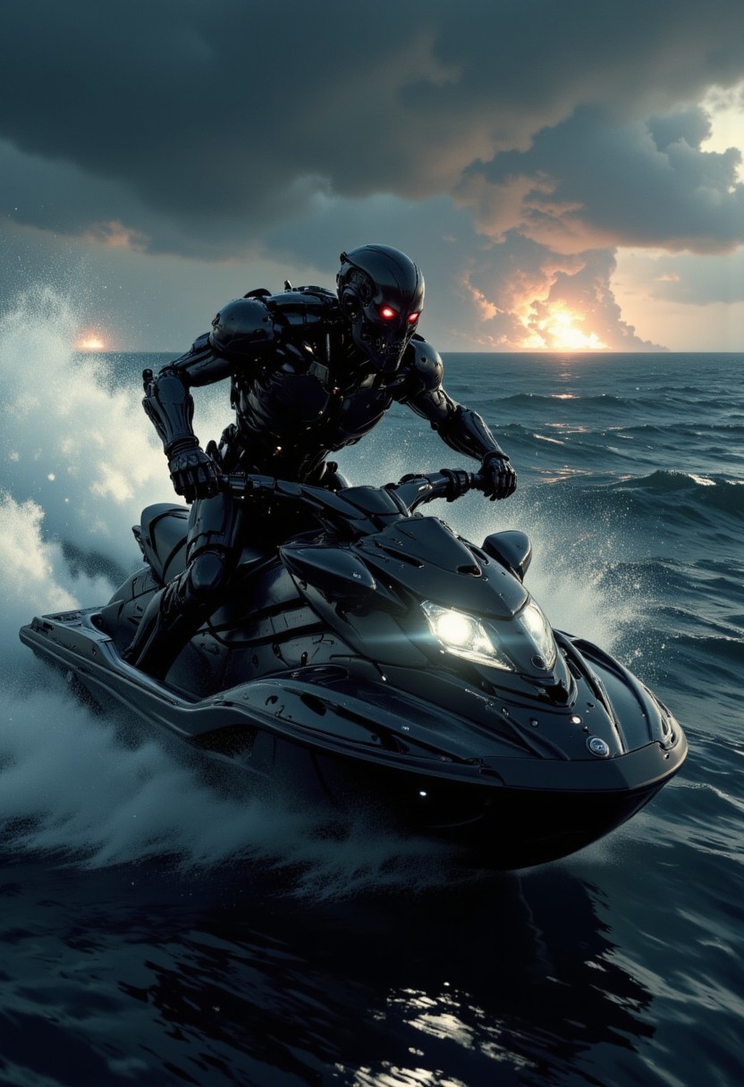 nistyle, a_skynet_cyberdyne_craft, the image is featuring a closeup of a terminator endoskeleton riding a jet ski at speed on a stormy ocean, silhouetted, chiascuro
