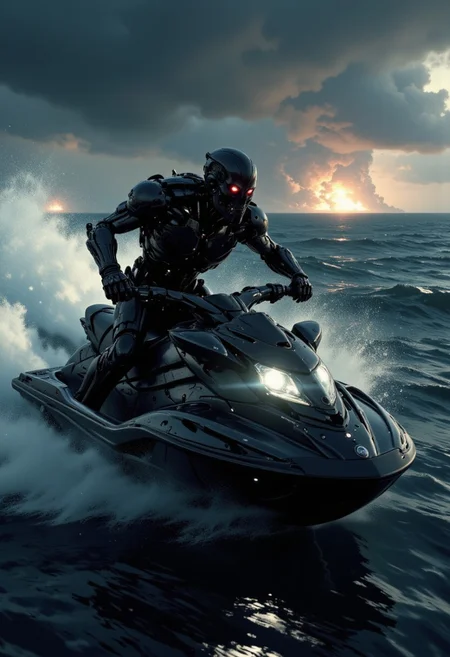nistyle, a_skynet_cyberdyne_craft, the image is featuring a closeup of a terminator endoskeleton riding a jet ski at speed on a stormy ocean, silhouetted, chiascuro