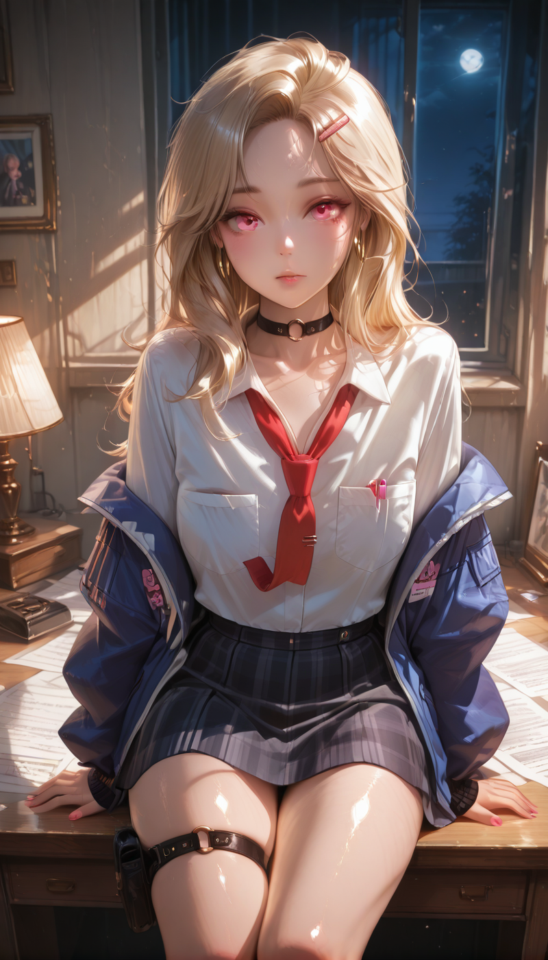 <lora:LCMTurboMix_Euler_A_fix:1> <lora:example_SDXL:0.3>, EZRealPONYXL, <lora:Dramatic Lighting Slider:3><lora:realistic filter [IL]:1>
DSLR,realistic,cosplay photo, (very awa,masterpiece,best quality,year 2024,newest,absurdres,highres:1), realistic,skin texture,facial features, photography shot with Canon EOS 5D Mark IV , realistic, RAW, best quality, masterpiece, amazing quality, skin details,
1girl, highly detailed beautiful face, large natural breasts,
detailed background, shiny skin, dutch angle, night, moonlight,
beautiful detailed eyes, intricate details, absurdres, anime screencap,
 <lora:Ein_NIKKE_ILXL_kill0825:1>
NikkeEin, 1girl, solo, long hair, breasts, looking at viewer, blush, shirt, skirt, blonde hair, long sleeves, hair ornament, closed mouth, jewelry, sitting, jacket, collarbone, white shirt, thighs, earrings, pleated skirt, open clothes, necktie, collared shirt, choker, indoors, hairclip, black skirt, pink eyes, miniskirt, off shoulder, nail polish, mole, open jacket, collar, fingernails, lips, plaid, book, feet out of frame, thigh strap, black choker, plaid skirt, blue jacket, red necktie, grey skirt, pink nails, forehead, o-ring, desk, pocket, knees together feet apart, paper, hoop earrings, shirt tucked in, breast pocket, lamp, holster, gyaru, picture frame, on desk, loose necktie, jacket partially removed, o-ring choker, sitting on desk, drawing (object), o-ring thigh strap, office, papers, paper stack, school uniform, parted bangs, mole under eye, window, night, arm support, handgun, straight-on